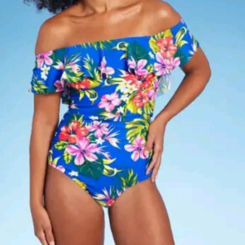 Women's Off the Shoulder Flounce One Piece Swimsuit Kona Sol Bright Blue Size XS